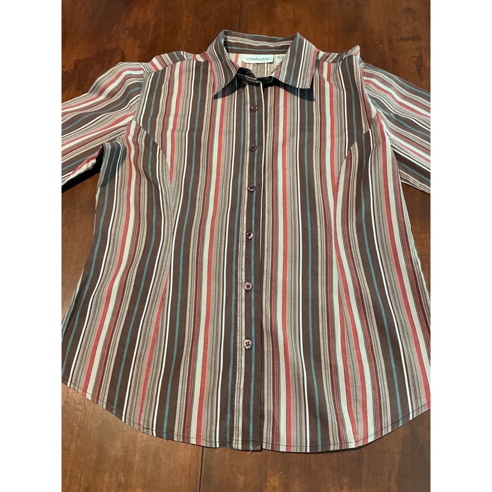 Chadwicks Womens Brown Multi Stripe Button Down Shirt Size M Long Sleeve Cotton